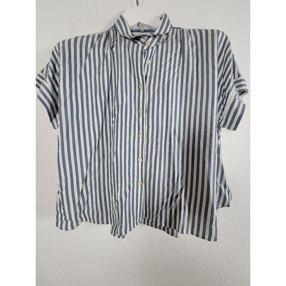 Madewell Blue & White Striped Short-Sleeve Button-Up Blouse Womens Medium Casual - Picture 1 of 8